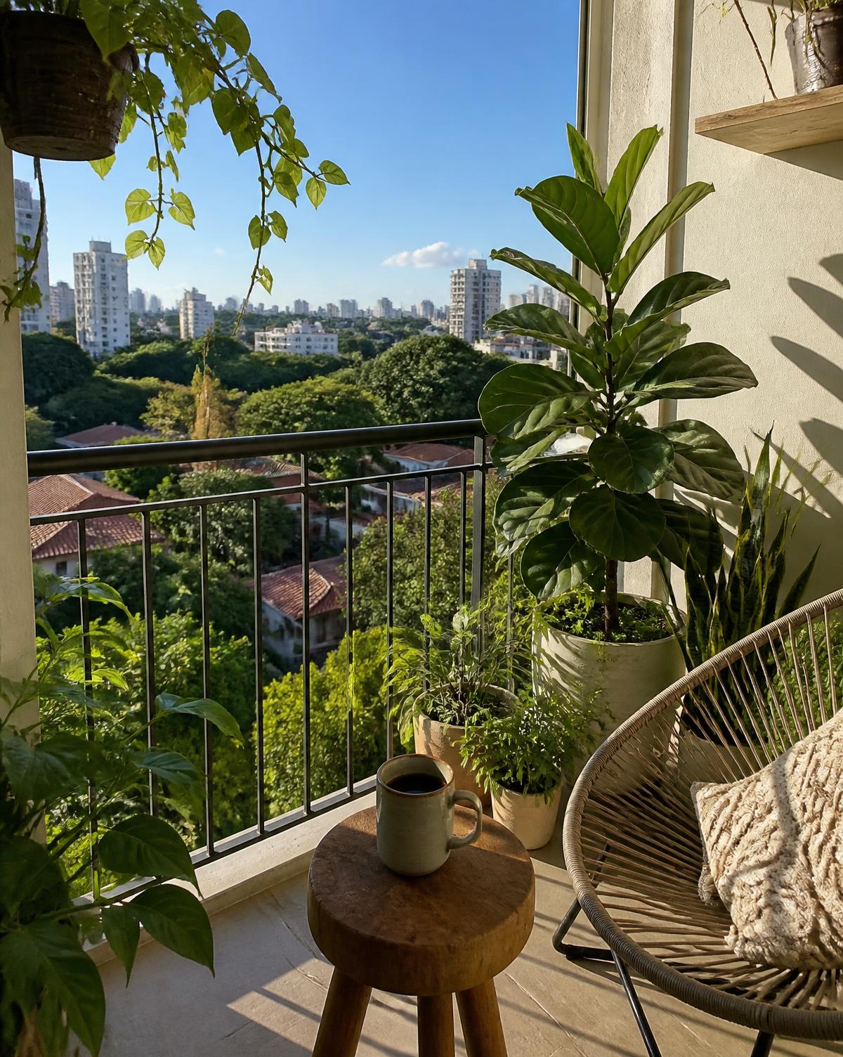 Varanda com plantas e vista para árvores em São Paulo